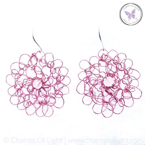 Copper Wire Crochet Medallion Earrings With Clear Quartz (Pink)